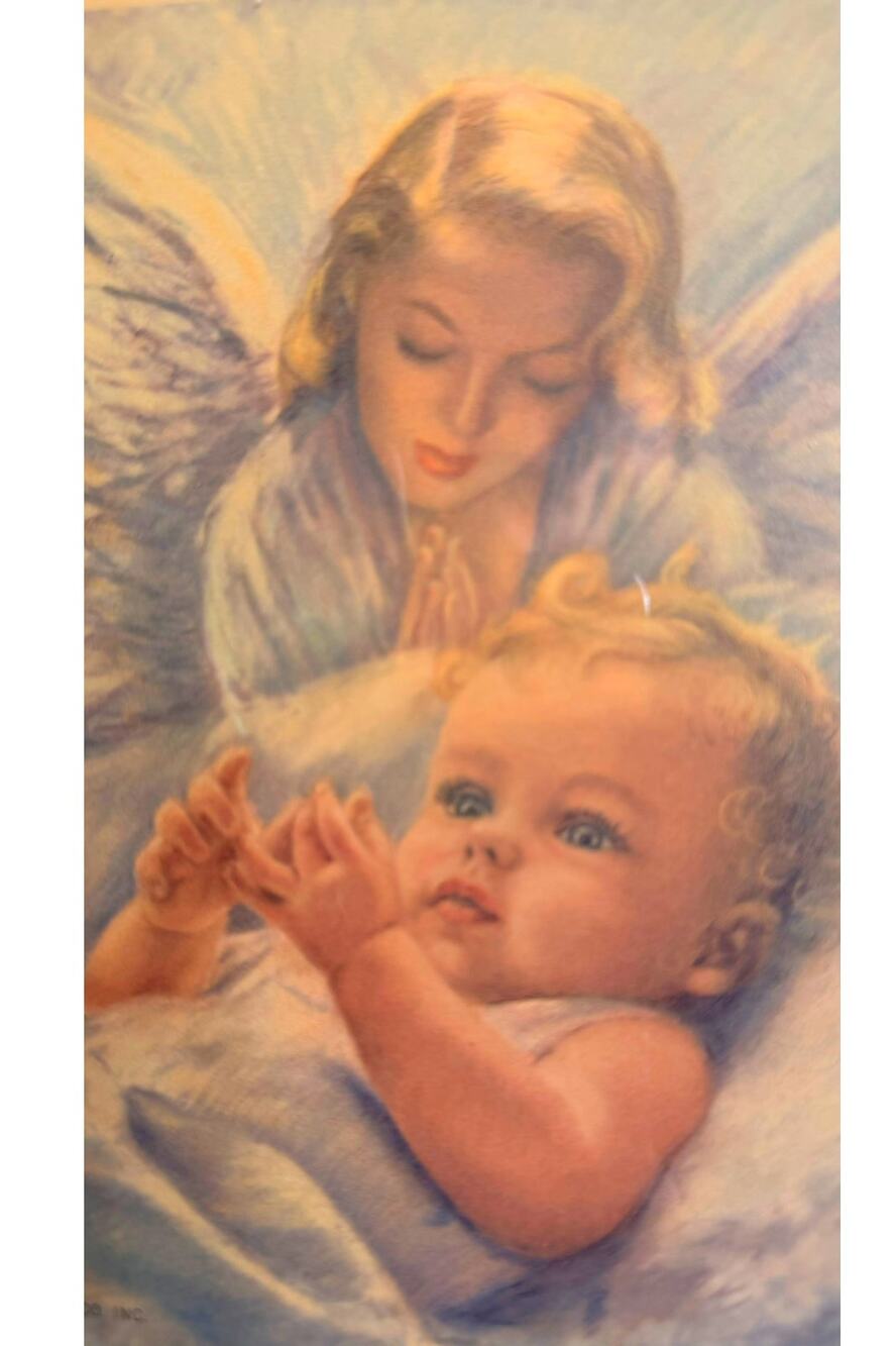lithograph baby framed guardian angel numbered exc cond